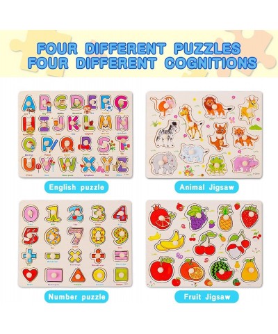 Wooden Peg Puzzles for Toddlers 4 Pack ABC Letter Alphabet Number Animal Fruit Puzzles for Kids Ages 2-4 Years Old Montessori...