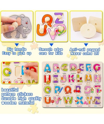 Wooden Peg Puzzles for Toddlers 4 Pack ABC Letter Alphabet Number Animal Fruit Puzzles for Kids Ages 2-4 Years Old Montessori...