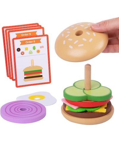 Montessori Hamburger Stacking Toys Wooden Burger Toy Play Food Toys for Kids Fine Motor Toys for 3 4 5 Year Old Fake Food Ham...