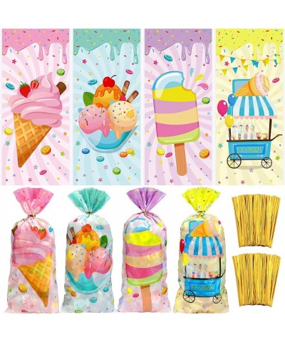 120 Pieces Ice Cream Party Treat Bags Plastic Cello Candy Goodie Bag with 150 Golden Twist Ties for Party Supplies(Ice Cream ...