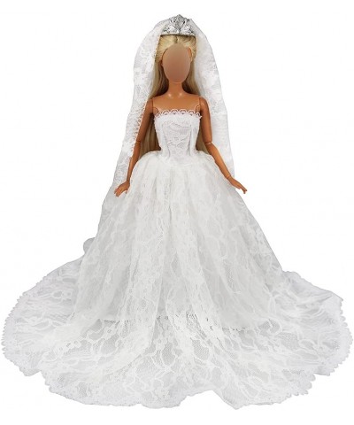 White Wedding Dress with Long Veil Evening Party Princess White Lace Gown Dress for 11.5 Inch Girl Doll $17.23 Doll Accessories