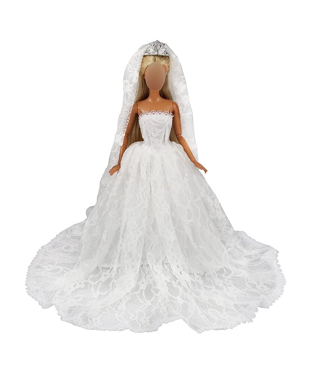 White Wedding Dress with Long Veil Evening Party Princess White Lace Gown Dress for 11.5 Inch Girl Doll $17.23 Doll Accessories