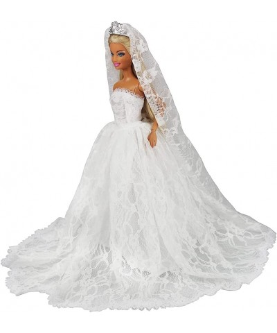 White Wedding Dress with Long Veil Evening Party Princess White Lace Gown Dress for 11.5 Inch Girl Doll $17.23 Doll Accessories