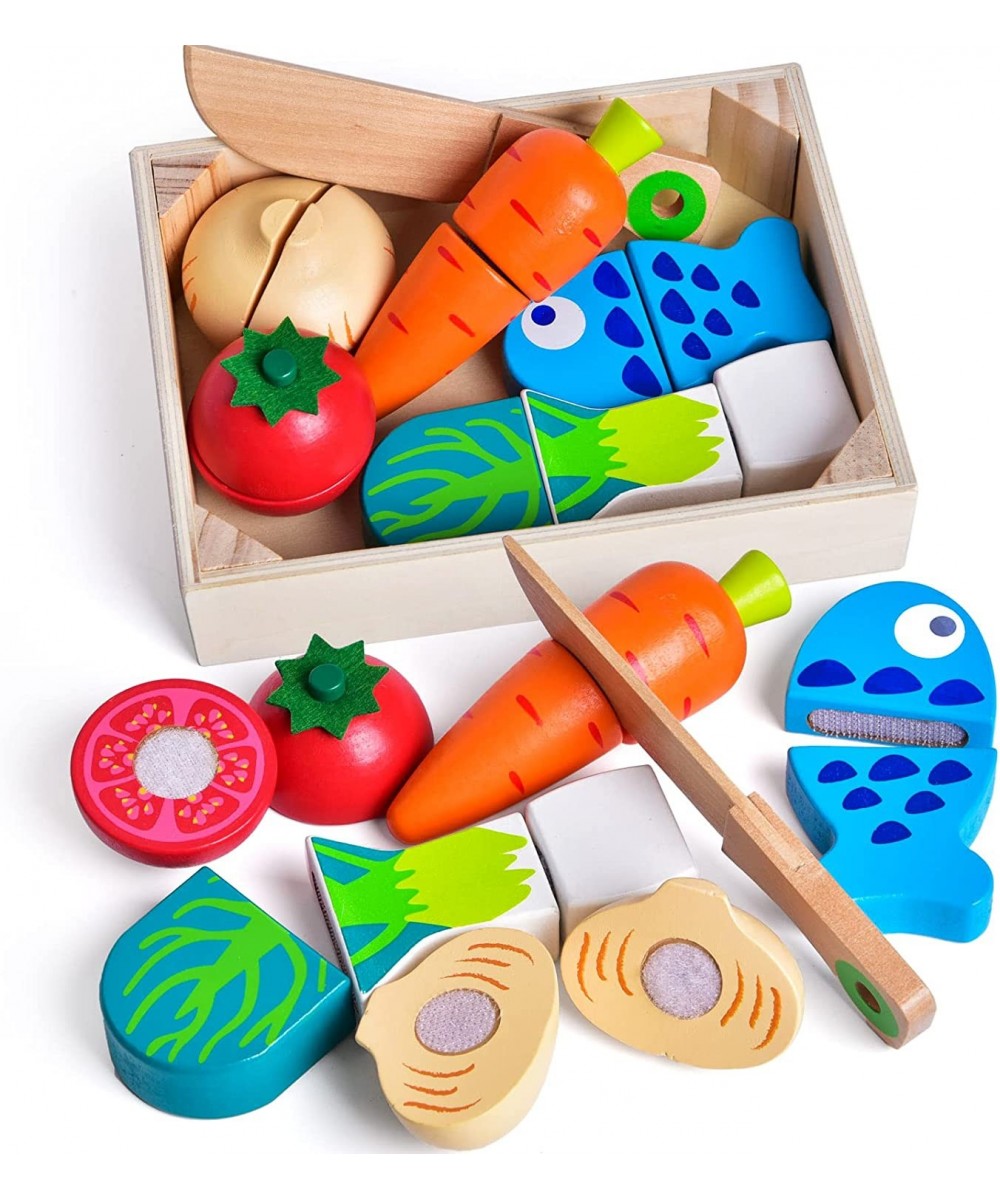 12 Pcs Wooden Pretend Cutting Play Food Set for Kids Aged 3+ Early Education Toy for Toddlers Veggie Slicers Playset Toys Foo...