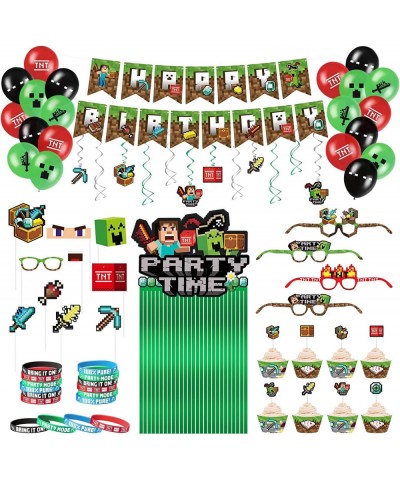 Pixel Game Birthday Party Decorations 112PCS Birthday Decorations for Boys Gamers - Includes Party Backdrop Photo Booth Props...