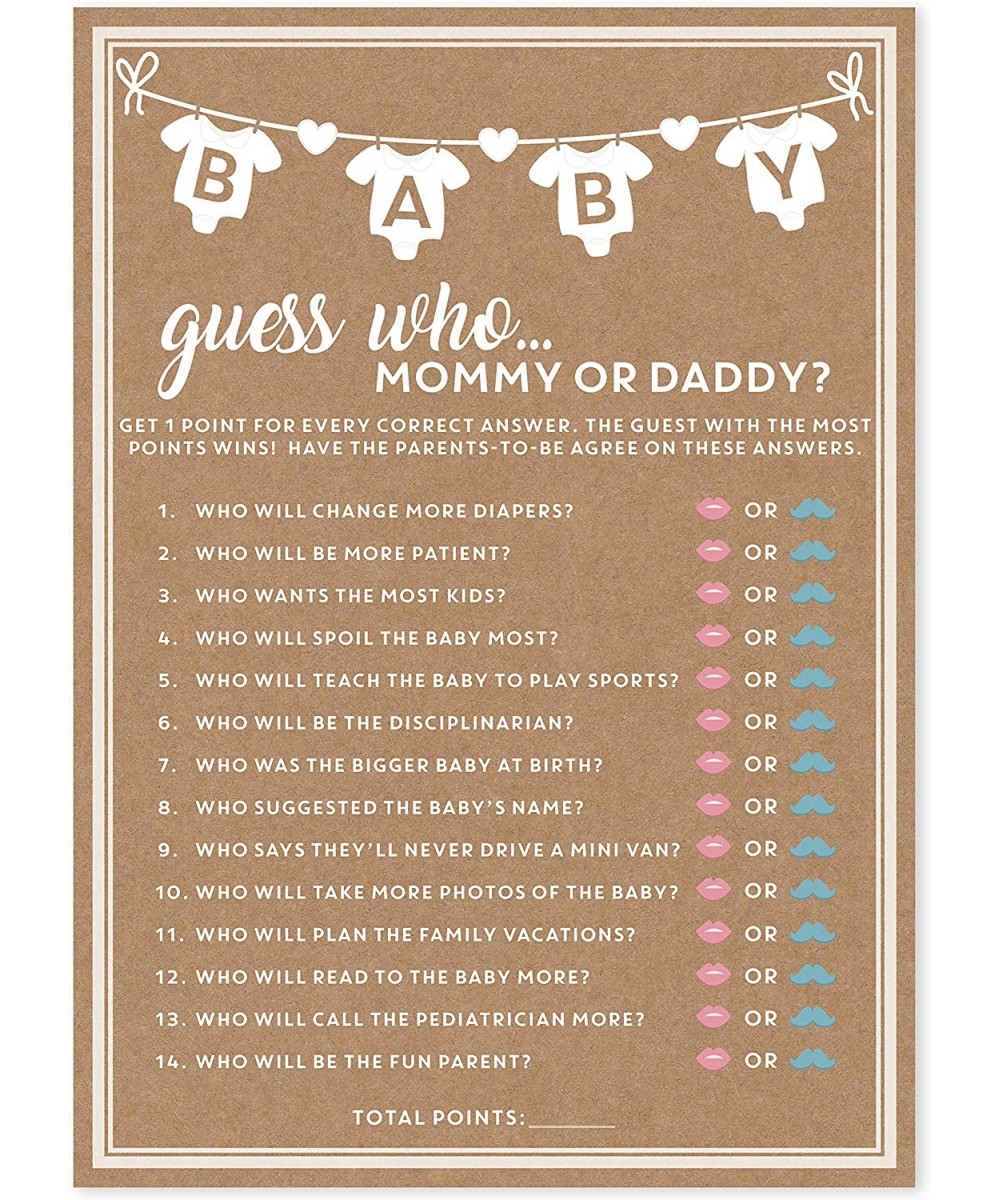 Baby Shower Game Rustic Kraft Mommy or Daddy Guess Who Game Set of 50 Cards 5x7 inches Gender Neutral Boy or Girl Fun Unique ...