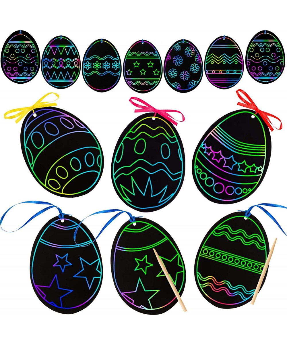 48 Pieces Scratch Paper Easter Scratch Craft Art Easter Day Ornaments Colorful Scratch Easter Day Rainbow Cutouts with 48 Woo...