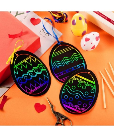 48 Pieces Scratch Paper Easter Scratch Craft Art Easter Day Ornaments Colorful Scratch Easter Day Rainbow Cutouts with 48 Woo...