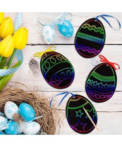 48 Pieces Scratch Paper Easter Scratch Craft Art Easter Day Ornaments Colorful Scratch Easter Day Rainbow Cutouts with 48 Woo...