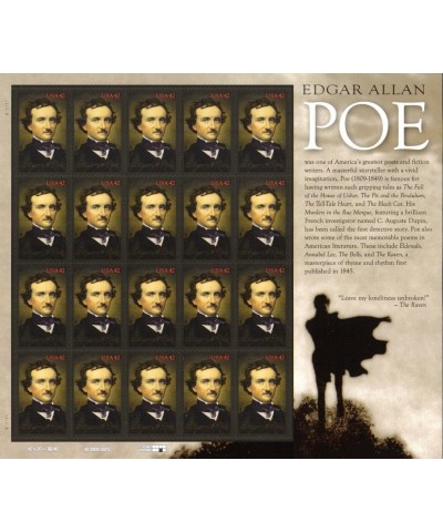 2009 EDGAR ALLAN POE ~ POET AUTHOR ~ 4377 Pane of 20 x 42c US Postage Stamps $29.74 Collectibles Display & Storage