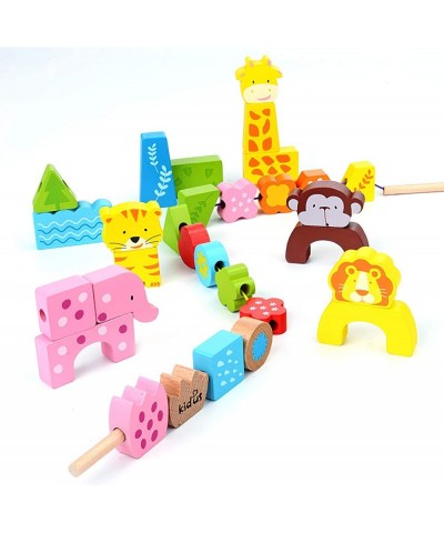 35 PCs Wildlife Animals Lacing Wooden Beads and Blocks Set with Thread - Educational Montessori Toys Gifts for Toddlers Boys ...