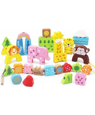 35 PCs Wildlife Animals Lacing Wooden Beads and Blocks Set with Thread - Educational Montessori Toys Gifts for Toddlers Boys ...