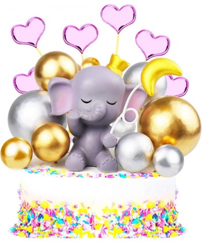 14 Pcs Pink Elephant Cake Topper - Cute Baby Elephant Cake Decorations Gold Silver Pearl Balls & Pink Hearts Cake Picks for I...