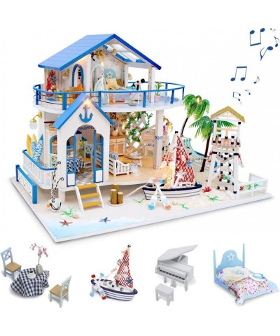 DIY Dollhouse Kit Wooden Miniature Dollhouse with Furniture and Music Tiny House Building Kit DIY Miniature Kits Blue Sea Leg...