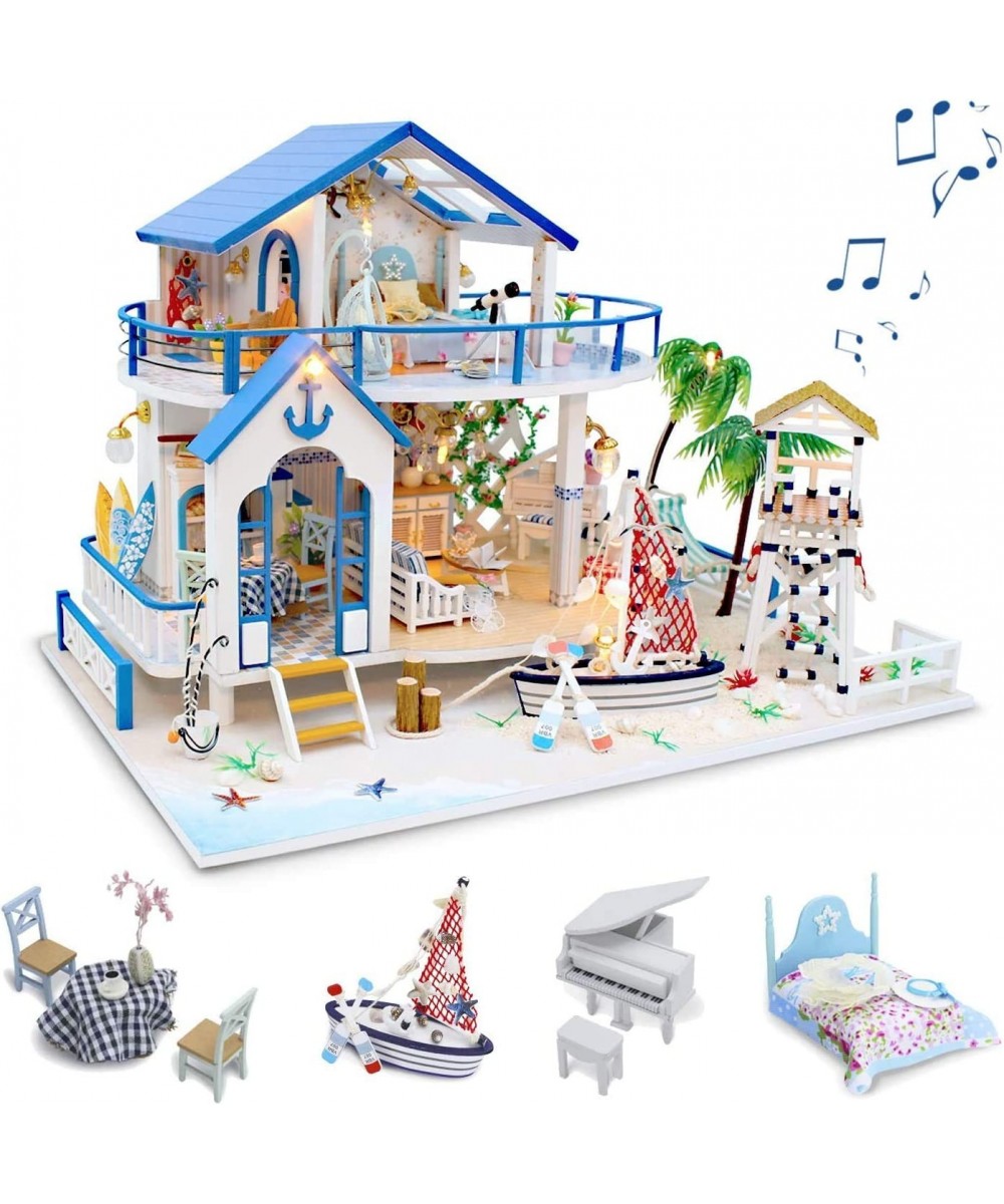 DIY Dollhouse Kit Wooden Miniature Dollhouse with Furniture and Music Tiny House Building Kit DIY Miniature Kits Blue Sea Leg...