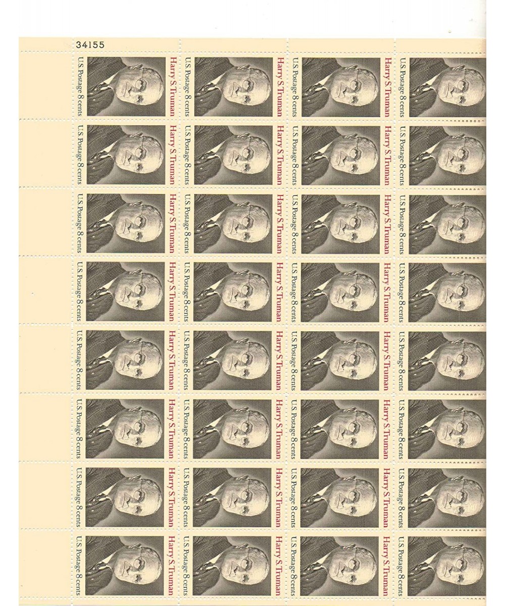 Harry S. Truman Full Sheet of 32 X 8 Cent Us Postage Stamps Scot 1499 $15.55 Collectibles Display & Storage