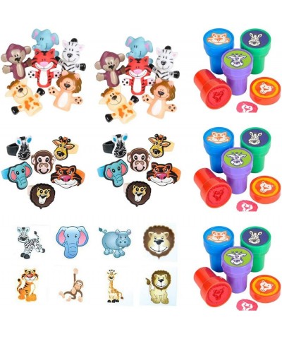 48 PC Zoo Animal Party Supply Pack - One Inch Rubber Zoo Animal Rings Two Inch Zoo Animal Tattoos Zoo Animal Finger Puppets Z...