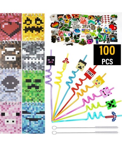 24 PACK 100 Pcs Video Game Miner Craft Pixel Birthday Party Favors for Kids - 24 Mini Pixel Notebooks – 24 Miner Drinking Str...