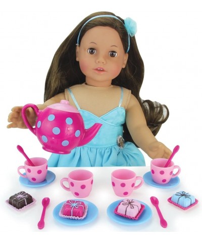 17 Piece Polka Dot Tea Set with Tea Pot and Cups Plus Four Detailed Petit Four Cakes for 18 Inch Dolls Pink/Blue $24.23 Doll ...