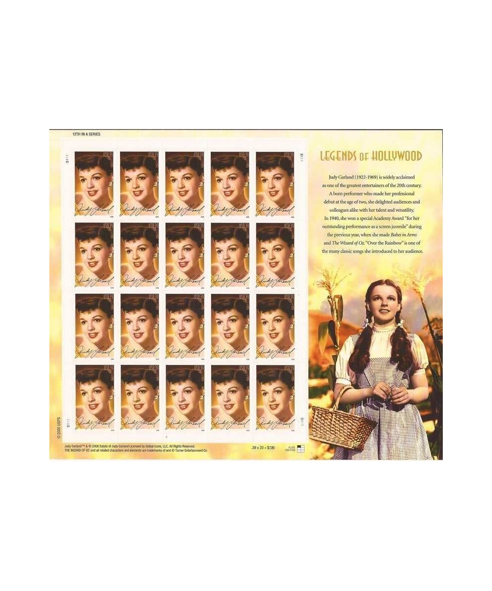 Judy Garland Legends of Hollywood 20 x 39 Cent Stamps USA 2006 Scott 4077 $24.03 Collectible Postage Stamps