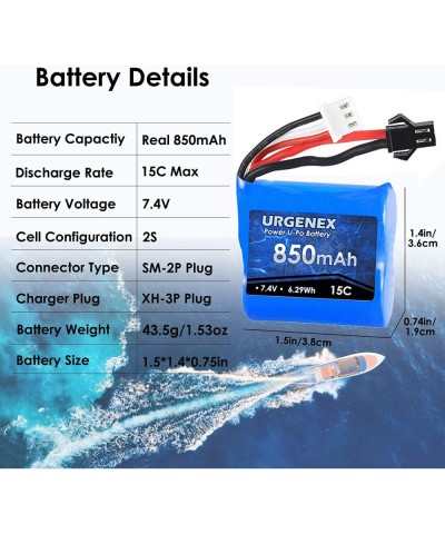 7.4V Lipo Battery 850mAh 2S RC Boat Battery with SM 2P Plug 6.29Wh H100 Batteries for Skytech H100 H102 with 2PCS USB Charger...