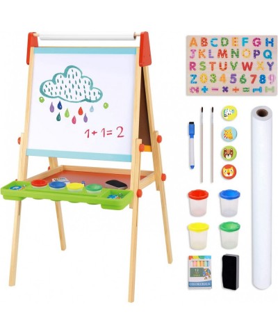 All-in-One Wooden Kids Easel with Paper Roll Magnetic Letters Paint Bottle Chalk Accessories Deluxe Standing Art Easel with M...