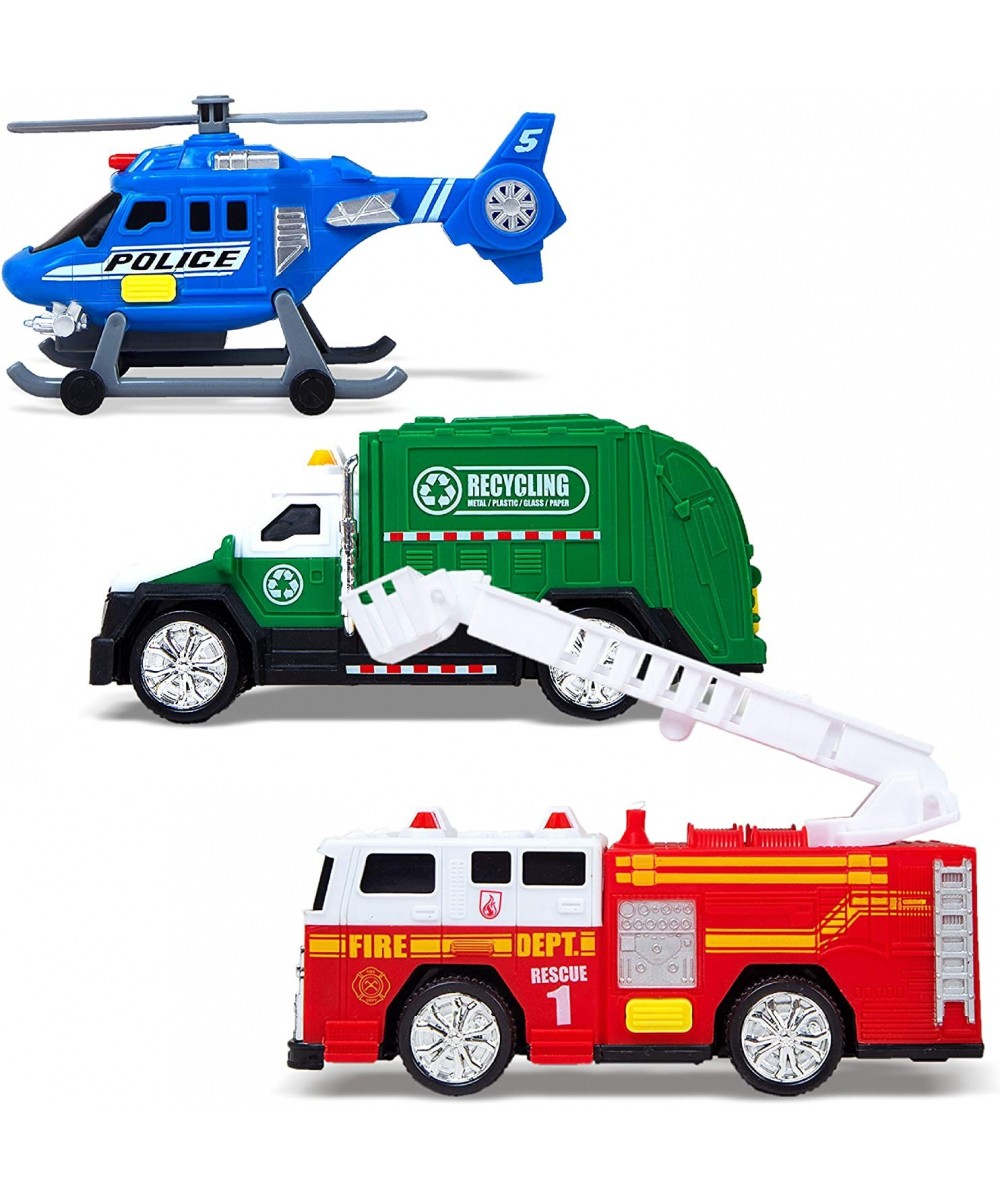 City Vehicles - 3 Pack Toy Trucks and Helicopter - Fire Truck Recycle Dump Truck and Police Helicopter Car Set - Toy Cars for...