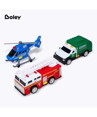 City Vehicles - 3 Pack Toy Trucks and Helicopter - Fire Truck Recycle Dump Truck and Police Helicopter Car Set - Toy Cars for...