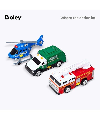 City Vehicles - 3 Pack Toy Trucks and Helicopter - Fire Truck Recycle Dump Truck and Police Helicopter Car Set - Toy Cars for...