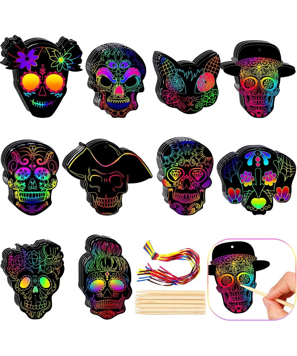 60 Sets Halloween Sugar Skull Scratch Paper Art Halloween Skull Ornaments Sugar Skull Scratch Paper Art with Ribbons and Wood...