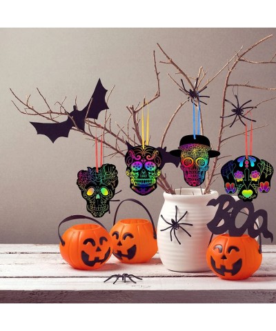 60 Sets Halloween Sugar Skull Scratch Paper Art Halloween Skull Ornaments Sugar Skull Scratch Paper Art with Ribbons and Wood...