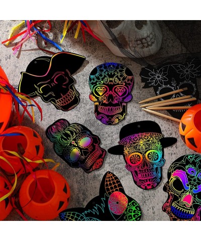 60 Sets Halloween Sugar Skull Scratch Paper Art Halloween Skull Ornaments Sugar Skull Scratch Paper Art with Ribbons and Wood...