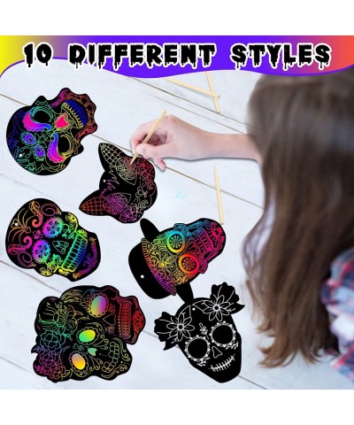 60 Sets Halloween Sugar Skull Scratch Paper Art Halloween Skull Ornaments Sugar Skull Scratch Paper Art with Ribbons and Wood...