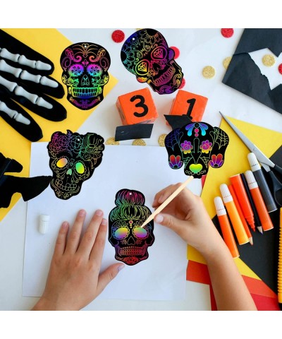 60 Sets Halloween Sugar Skull Scratch Paper Art Halloween Skull Ornaments Sugar Skull Scratch Paper Art with Ribbons and Wood...