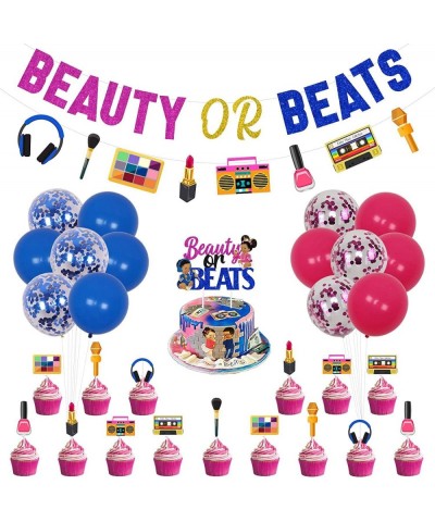 Beauty or Beats Gender Reveal Decorations Kit Funny - Beauty or Beats Banner Garland Cake & Cupcake Toppers for Retro 80s 90s...