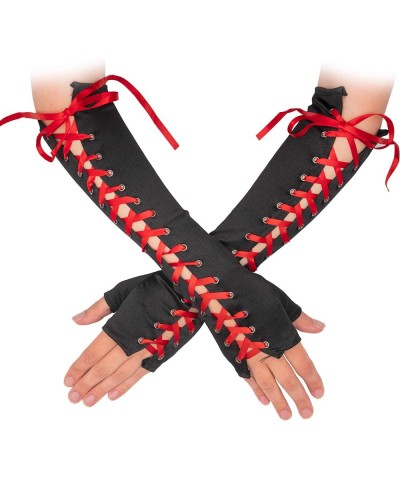 Fingerless Lace Up Gloves - Long Black Costume Elbow Arm Warmer Accessories with Red Satin Laced Tie for Dress Up $20.51 Kids...