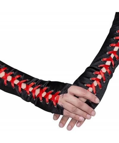 Fingerless Lace Up Gloves - Long Black Costume Elbow Arm Warmer Accessories with Red Satin Laced Tie for Dress Up $20.51 Kids...