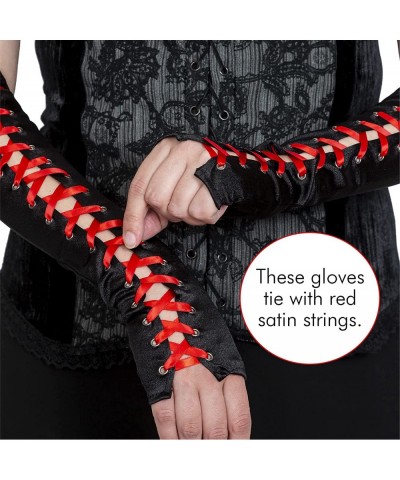 Fingerless Lace Up Gloves - Long Black Costume Elbow Arm Warmer Accessories with Red Satin Laced Tie for Dress Up $20.51 Kids...