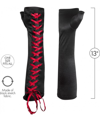 Fingerless Lace Up Gloves - Long Black Costume Elbow Arm Warmer Accessories with Red Satin Laced Tie for Dress Up $20.51 Kids...