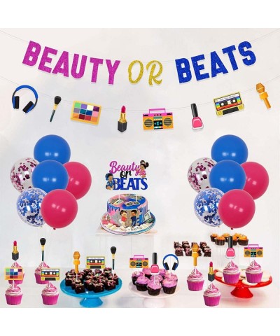 Beauty or Beats Gender Reveal Decorations Kit Funny - Beauty or Beats Banner Garland Cake & Cupcake Toppers for Retro 80s 90s...