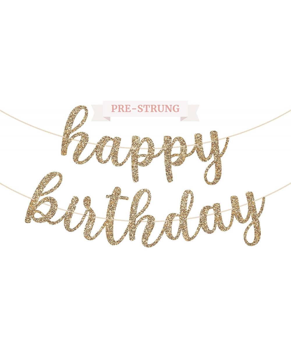 Pre-Strung Happy Birthday Banner - NO DIY - Gold Glitter Birthday Party Banner in Script - Pre-Strung Garland on 6 ft Strands...