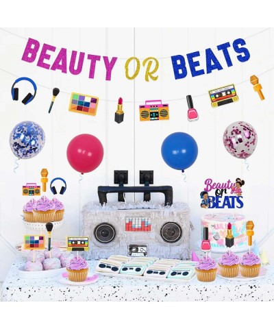 Beauty or Beats Gender Reveal Decorations Kit Funny - Beauty or Beats Banner Garland Cake & Cupcake Toppers for Retro 80s 90s...