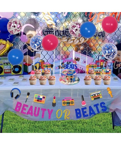 Beauty or Beats Gender Reveal Decorations Kit Funny - Beauty or Beats Banner Garland Cake & Cupcake Toppers for Retro 80s 90s...