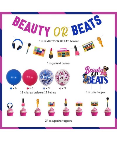 Beauty or Beats Gender Reveal Decorations Kit Funny - Beauty or Beats Banner Garland Cake & Cupcake Toppers for Retro 80s 90s...