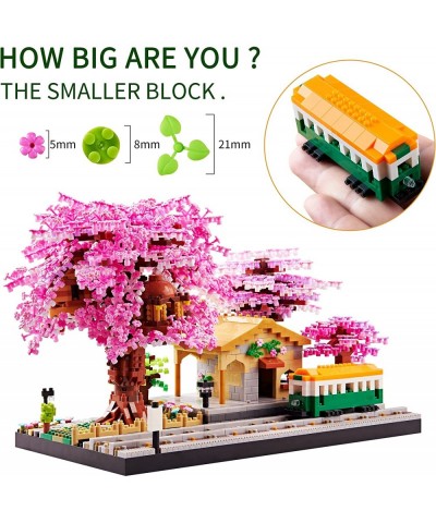 Japanese Sakura Tree House Micro Blocks The Train at Station Cherry Blossom Plants Building Model City Architecture Ideas DIY...