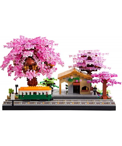 Japanese Sakura Tree House Micro Blocks The Train at Station Cherry Blossom Plants Building Model City Architecture Ideas DIY...