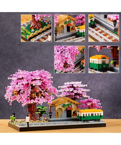 Japanese Sakura Tree House Micro Blocks The Train at Station Cherry Blossom Plants Building Model City Architecture Ideas DIY...