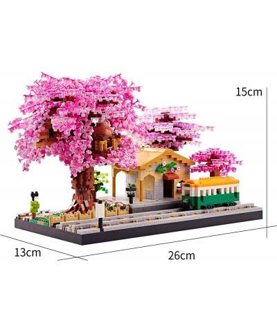 Japanese Sakura Tree House Micro Blocks The Train at Station Cherry Blossom Plants Building Model City Architecture Ideas DIY...