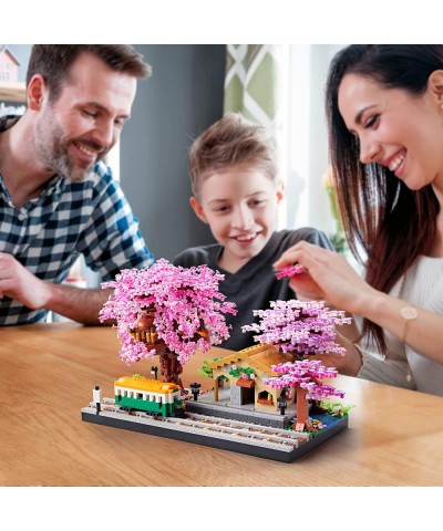 Japanese Sakura Tree House Micro Blocks The Train at Station Cherry Blossom Plants Building Model City Architecture Ideas DIY...