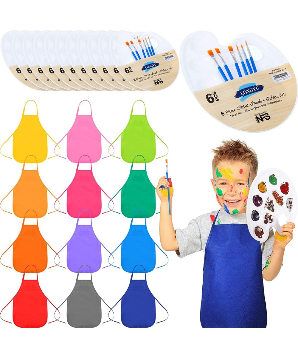 12 Packs Flat Paint Pallet Brush Set for Kids and 12 Pieces Children's Artists Fabric Aprons Paint Party Supplies Kids Paint ...